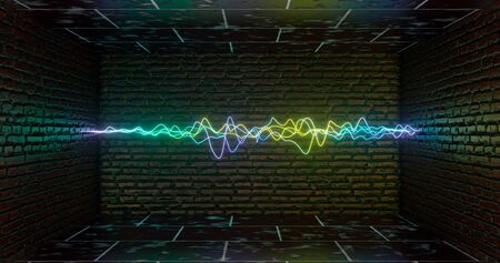 3d rendering. Geometric figure in neon light against a dark tunnel. Laser line glow. Neon...