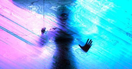 3d rendering. Silhouette of a woman with an umbrella from the rain behind a glass wall or frosted...