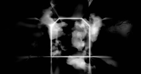 3d render. Geometric figure in neon light against a dark tunnel. Laser line glow. Neon backgroundsの写真素材