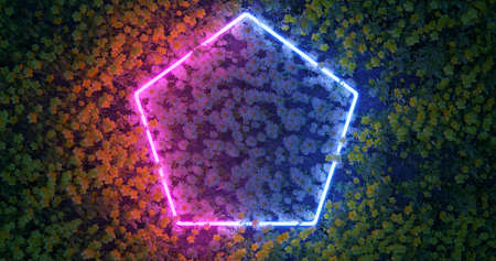 3D render. Neon rhombus or polygon in wildflowers. Nature in bright neon colors.