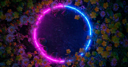 3d render. Neon hoop or circle in the wildflowers. Nature in vibrant neon colors.