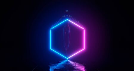 3d rendering. The girl who holds in her hands a glowing neon hexagon, which stands on a stone floor. Weak neon lighting with a deep blue background.の写真素材