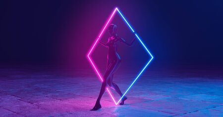 3d rendering. A girl or a female mannequin that passes through a neon rhombus that stands on a stone floor. Weak neon lighting with a deep blue background.の写真素材