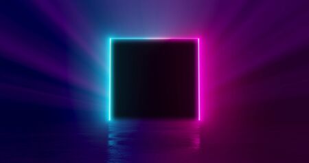 3d rendering illustration. Neon square in LED lighting against the background of rays from a searchlight. For your creativity.の写真素材