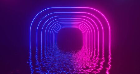 3D Rendering. Geometric figure in neon light against a dark tunnel. Laser glow.の写真素材