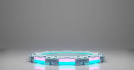 3d rendering. Studio with geometric shapes, a podium with neon luminous stripes on the field. Platforms for product presentation, background layout. Abstract composition in a minimalistic design.の写真素材