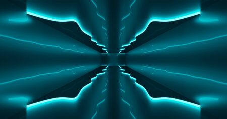 3D Rendering Illustration. Night retro club. Neon lights empty space Dark tunnel. Sci Fi Modern Futuristic Laser Rays.の写真素材