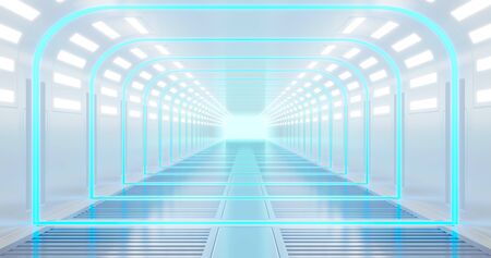 3D rendering illustration. Sci-Fi futuristic abstract gradient blue neon. A glowing corridor on the reflection of the concrete floor. A dark interior room.の写真素材