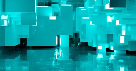 3d rendering. Abstract background. Modern geometric cubes with neon elements in a dark room. Minimalistic design for poster, cover, branding, banner, poster.の写真素材