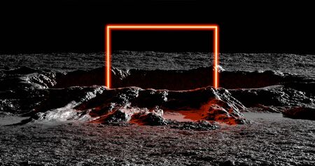 3d rendering. A meteorite crater on the surface of a satellite, moon or planet in squareneon light....
