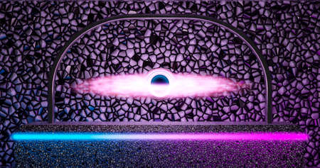 3d rendering. A minimalistic black hole located on a stone podium in a metal arch. Abstract...