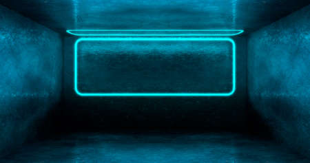 3d rendering. A neon rectangle or square of light blue color in a dark room. Glossy hatching on the walls.の写真素材