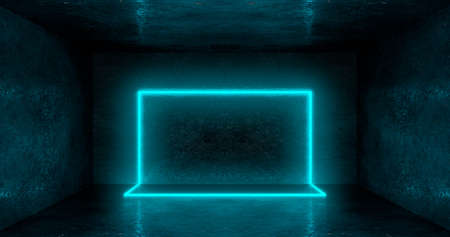 3d rendering. A neon rectangle or square of light blue color in a dark room. Glossy hatching on the walls.の写真素材