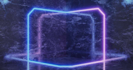 3d rendering. A neon rectangle or square of light blue color in a dark room. Glossy hatching on the...