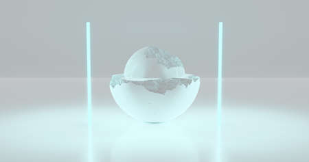 3d rendering. White pieces of stone sphere with broken textured edges in neon light blue lighting, stone damaged spheres for product display background.の写真素材