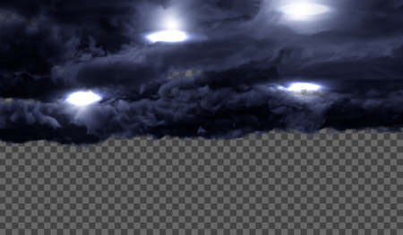 Dark, dense thunderclouds with flashes from lightning on a transparent background. Vector illustration.のイラスト素材