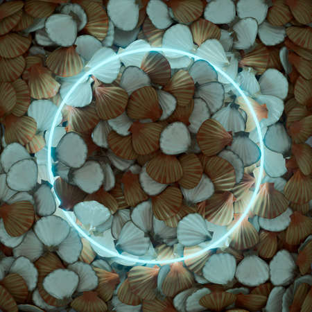3d rendering. A neon frame in a blue glow against a background of open sea baby shells. Summer night...