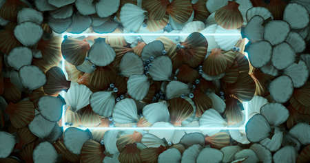 3d rendering. A neon frame in a blue glow against the background of open seashells of sea malus and...