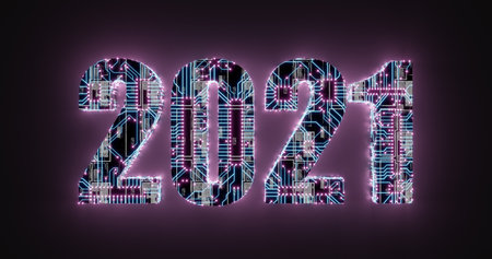 3d rendering. Illustration of 2021 lettering in electronic circuit style with neon tracks and...