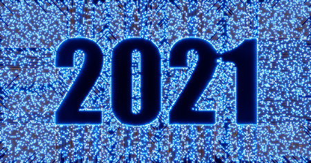3d rendering. Illustration of 2021 lettering in electronic circuit style with neon tracks and...