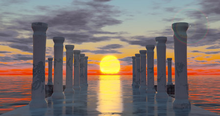 3d rendering. Round and avenue of marble stone and old dilapidated columns, illuminated by sunlight at sunset, is located on the water surface of the ocean with clouds. Graphic illustrationの写真素材