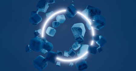 3d rendering. A neon circle of blue light among dilapidated cubes of stone. Abstract frame for your design. Graphic illustration.の写真素材