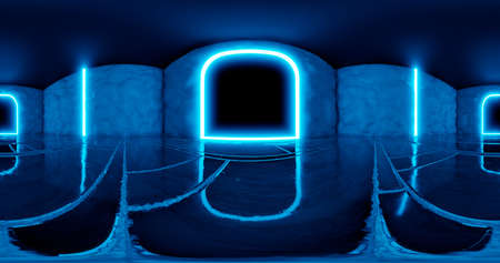 3d rendering. 360 degree HDDRI card. A room with soft, safe walls and neon blue lighting. Laboratory...