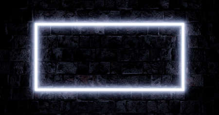 3d rendering. Brick wall illuminated by neon pink light from spotlights. Abstract background Light...