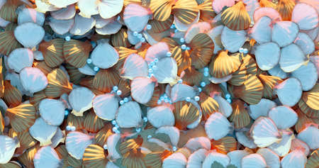 3d rendering. Scattered open sea clams and pearls scattered in the sunlight.