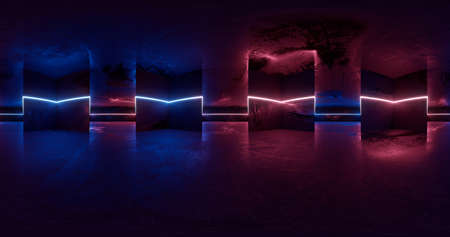 3d rendering. 360 degree spherical seamless vr panorama. Abstract empty dark interior with neon lighting, HDRI environment map of exhibition gallery with glossy walls.の写真素材