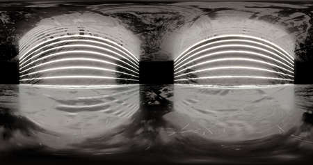 3d rendering. 360 degree spherical seamless vr panorama. Abstract empty dark interior with neon...