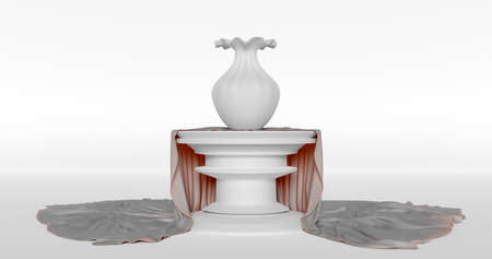 3d rendering. A round marble stone table casually covered with a white cloth on a light isolated background.の写真素材