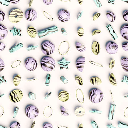 3d rendering. Seamless pattern of different geometric shapes scattered at random.の写真素材
