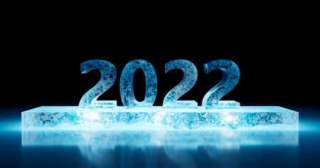 3d rendering. New year 2022 ice sculpture on a rectangular podium with neon lighting against a dark...