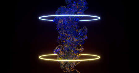 3d rendering. Chunks of ice falling down surrounded by yellow and blue neon lights. Background for...