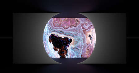 3d rendering. A room with the texture of clouds and nebulae in open space. Neon light