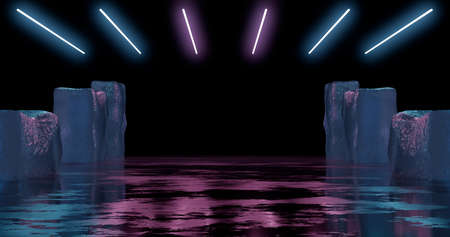 3d rendering. Large blocks of ice are lined up on the sides of the stage with neon lighting in blue light.の写真素材