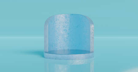 3D rendering. A podium or stand made of a solid piece of ice of a round shape in blue on a light background in neon light. Background for the studio.の写真素材