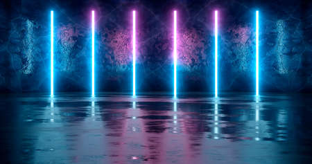 3d rendering. Large blocks of ice are lined in brickwork with neon lighting in blue light.の写真素材