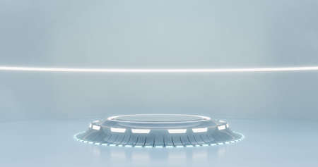 3d rendering. A large white room is a studio with a futuristic sci-fi platform in the center, illuminated by neon lamps from above and below. Background for your mockup.の写真素材