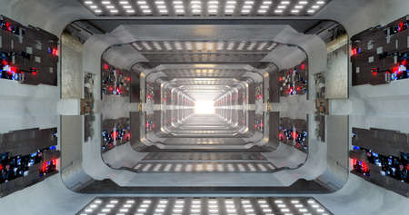 3d rendering. Futuristic sci-fi laboratory or spaceship corridor with neon light.の写真素材