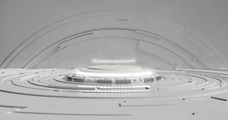 3d rendering. Empty light white studio room futuristic Sci Fi big hall room with lights white, Future background for design.の写真素材