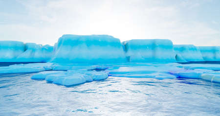 3d rendering. An arctic glacier with ocean and small ice floes floating around against a blue sky with clouds.の写真素材