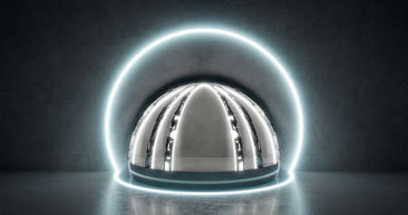 3d rendering. Abstract composition of geometric shapes in a bright room with neon lighting. A podium for your mockup.の写真素材