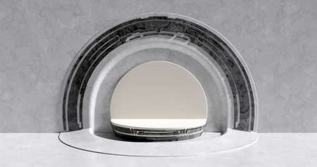 3d rendering. Abstract composition of geometric shapes in a bright room with neon lighting. A podium for your mockup.の写真素材