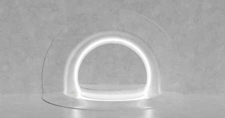 3d rendering. Abstract composition of geometric shapes in a bright room with neon lighting. A podium for your mockup.の写真素材