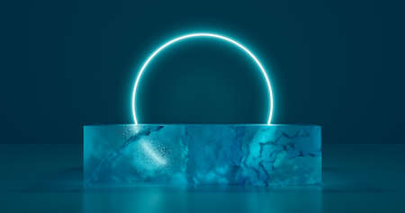 3D rendering. A podium or stand made of a solid piece of rectangular blue ice on a dark background in neon light. Background for the studio.の写真素材