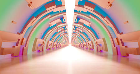 3d rendering. A corridor made of light marble with decorative elements on the wall extending into...