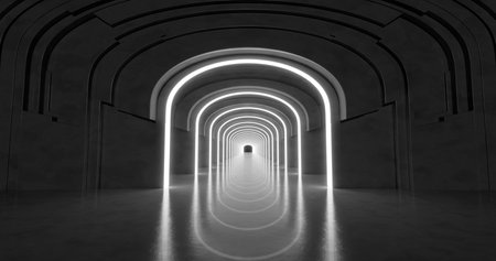 3d rendering. Marble corridor with columns stretching into the distance with neon lights on the sides. Background for your design.の写真素材