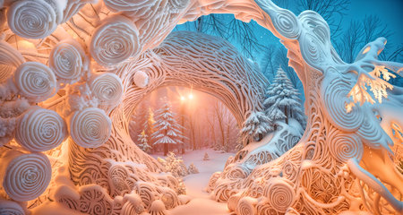 A sunlit, snowy path leads through a fantastical winter forest, where spiraled trees and ornate patterns suggest an enchanting, fairy-tale world. Generative AIの素材